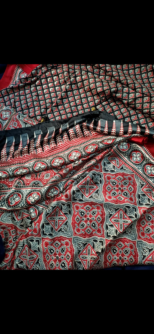 Azrakh print modal silk saree