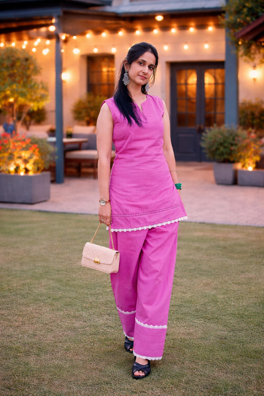 Pink short kurti with farsi salwar