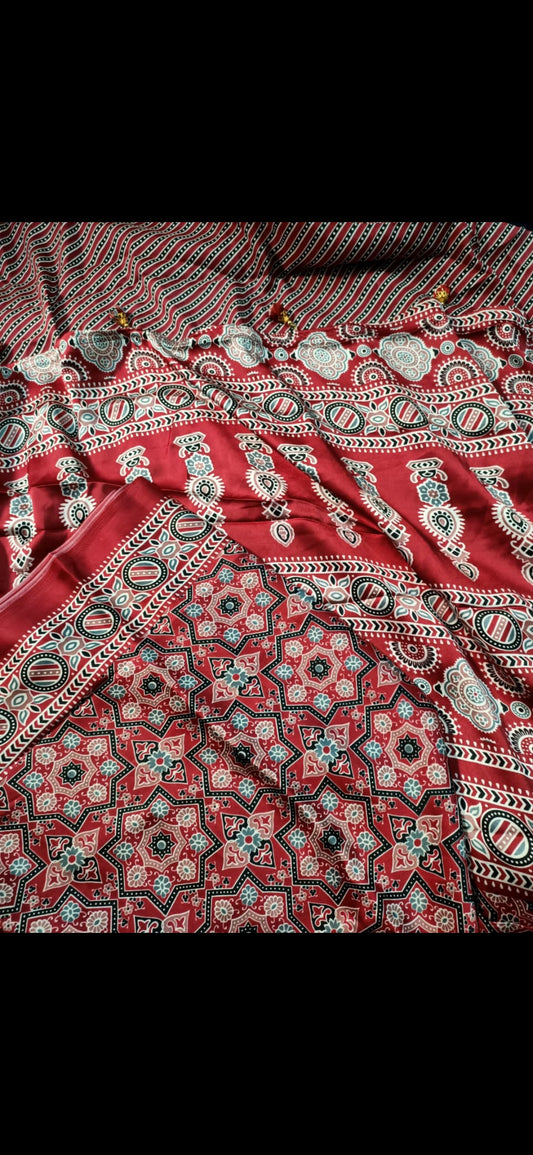 Azrakh print modal silk sari